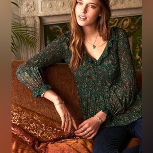 Sezane Sybille Pleated V-Neck Blouse Ditsy Floral Print Forest Green Size 34
